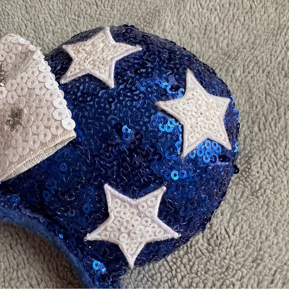 Disney Parks Minnie Mouse Mickey Ears Headband Sequin Stars Blue White Silver - Picture 6 of 12